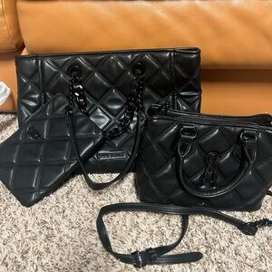 3pc Steve Madden Black Quilted Tote with Removeable Pouch and Mini Bag